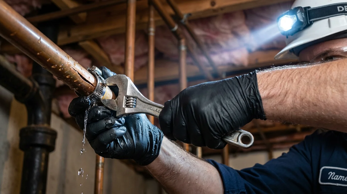 Emergency pipe clamp repair being performed by a Johns Plumbing LLC plumber in Canonsburg