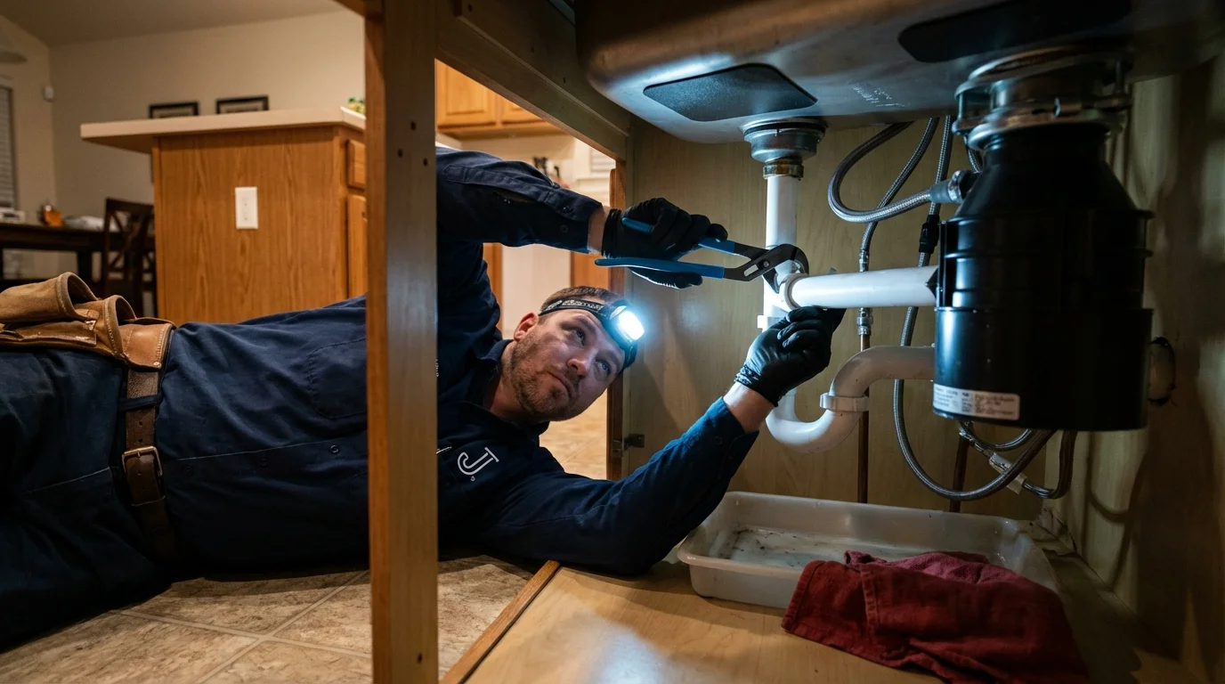 P-trap and supply line connections under a kitchen sink showing a common leak point in Canonsburg, PA
